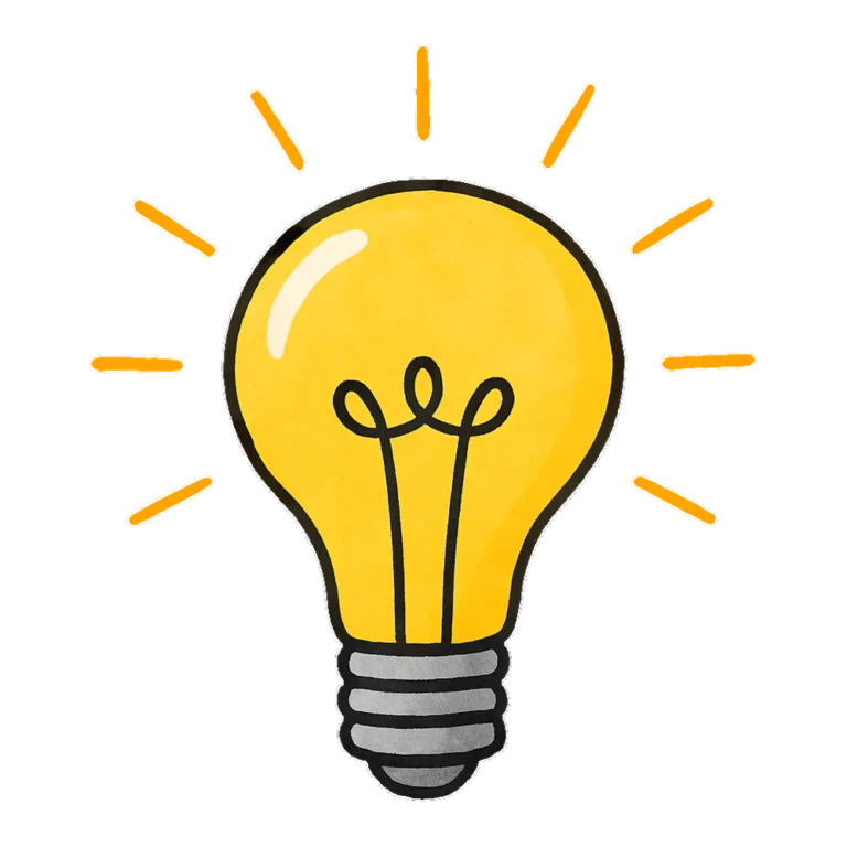 Light clipart doodle of a glowing yellow light bulb with short rays