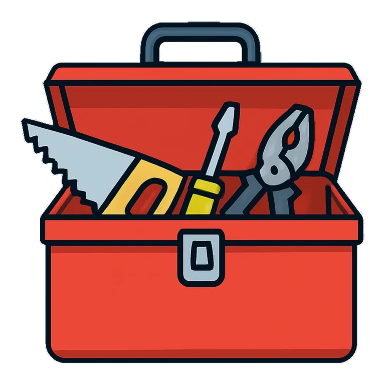 Toolbox clipart of a red metal toolbox holding a saw, screwdriver and pliers