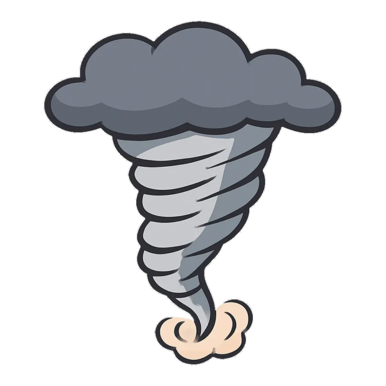 Tornado clipart of a gray twisting funnel cloud with small bits of dust