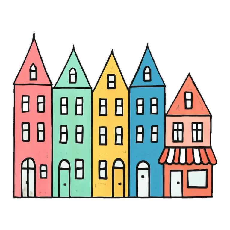 Town clipart doodle of a row of colorful houses with a little shop on the end