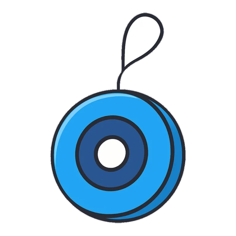 Toy clipart of a bright blue yo-yo dangling from a looped white string