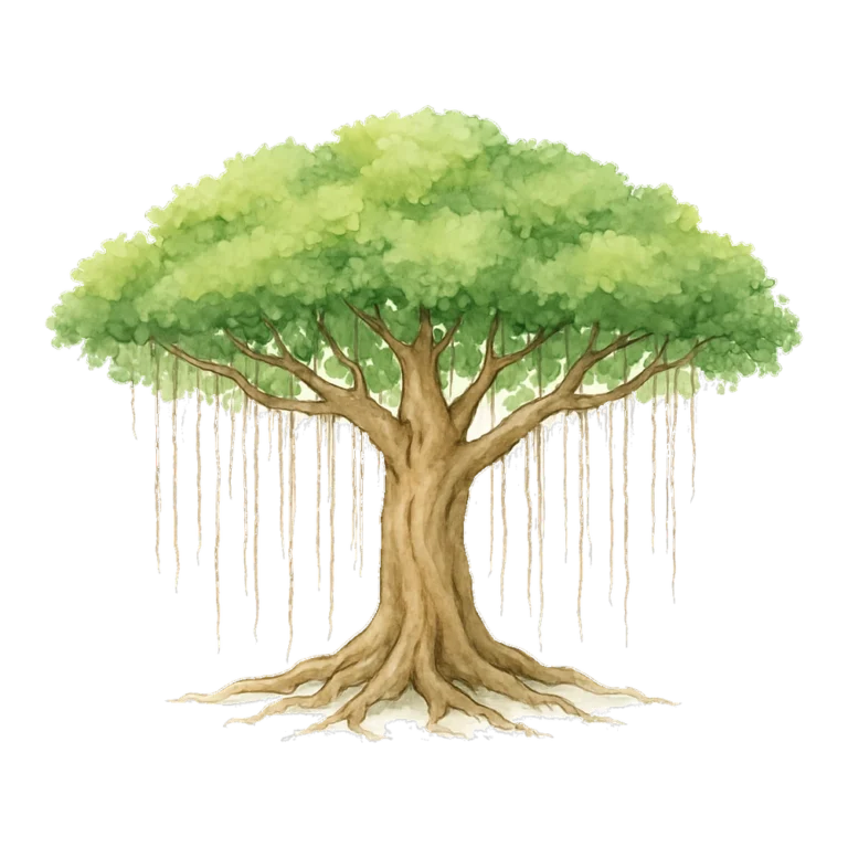 Banyan tree clipart in watercolor with a wide canopy and hanging aerial roots