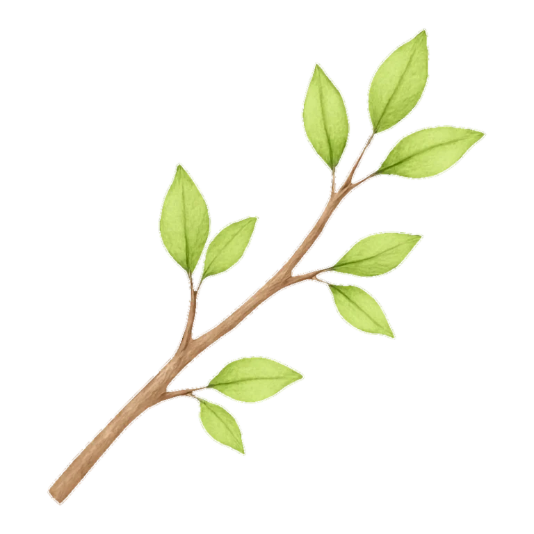 Tree branch clipart in watercolor with green leaves and a small twig