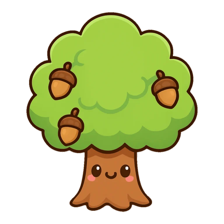 Cute tree clipart of a smiling oak with a round green crown and brown trunk