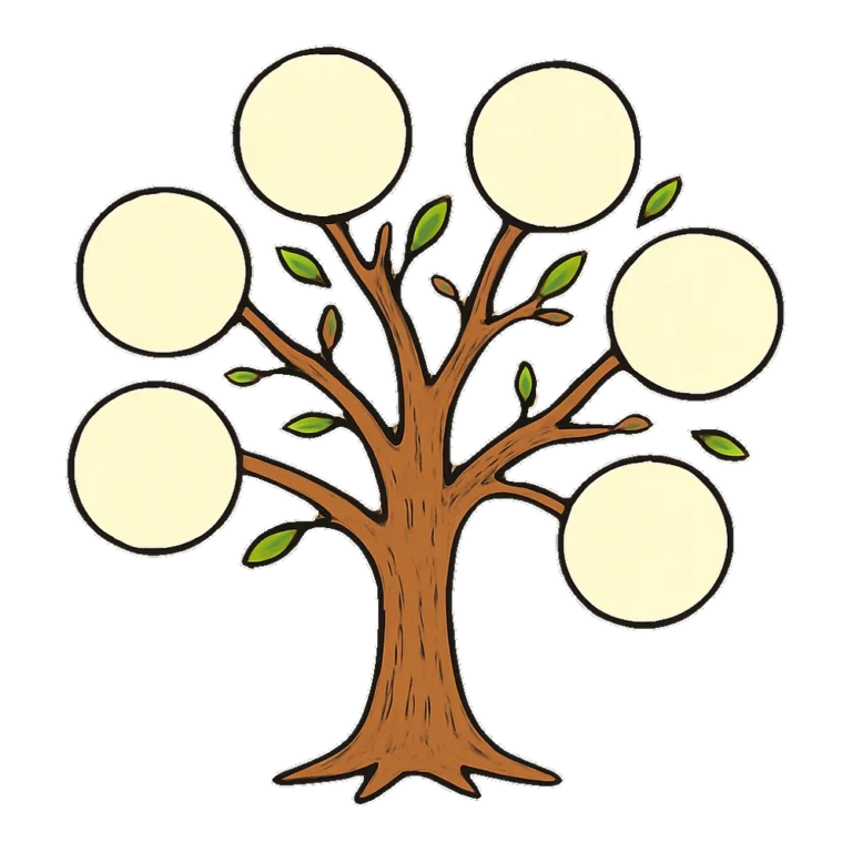 Family tree clipart doodle of a tree with six empty round frames on its branches