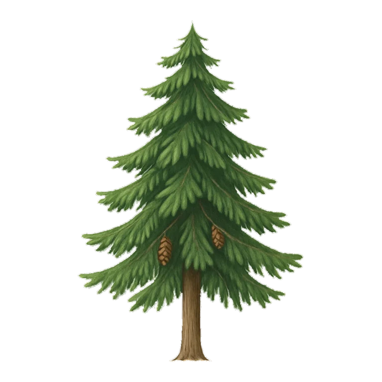 Pine tree clipart of a tall evergreen with layered needle branches and pine cones