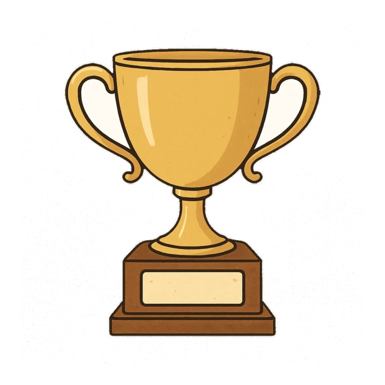 Trophy clipart of a gold cup with two handles on a wooden base, in retro colors
