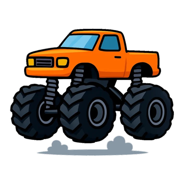 Monster truck clipart of an orange truck with huge tires bouncing off the ground