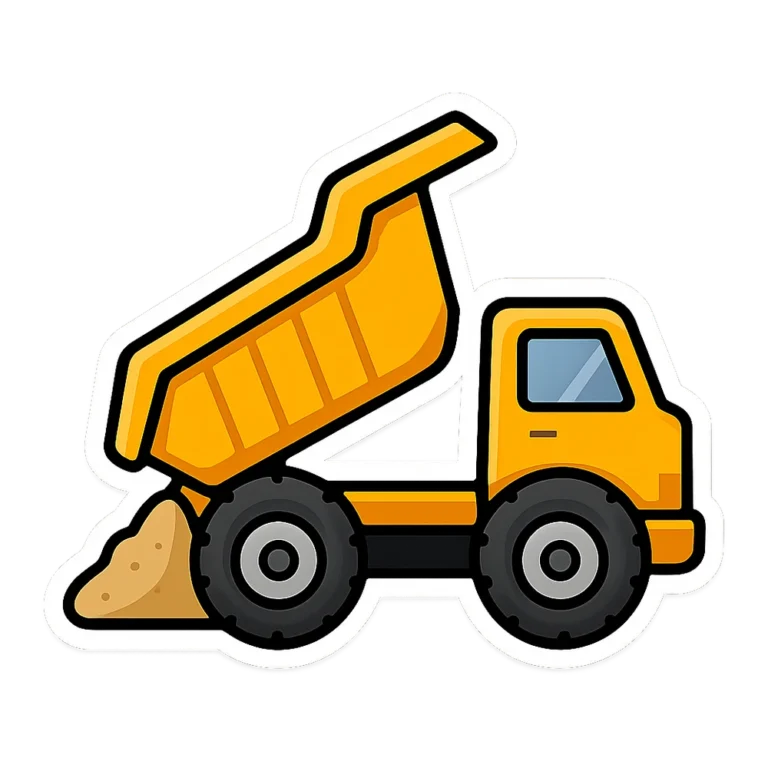 Dump truck clipart sticker of a yellow dump truck tipping a load of sand