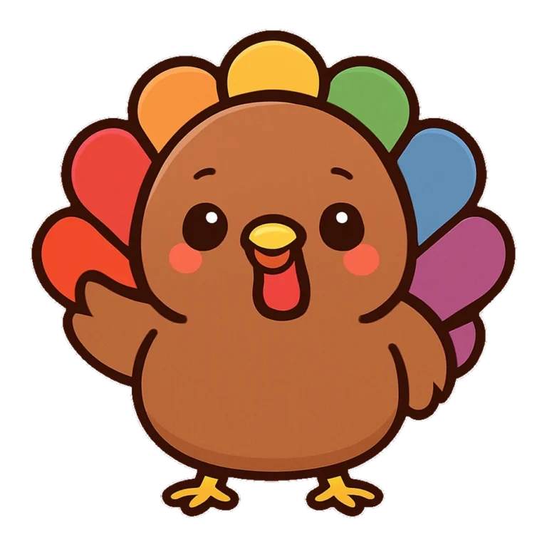 Cute turkey clipart of a round brown turkey waving with a rainbow feather tail