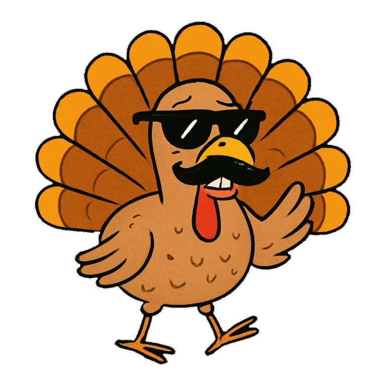 Funny turkey clipart of a cartoon turkey in a fake mustache and sunglasses