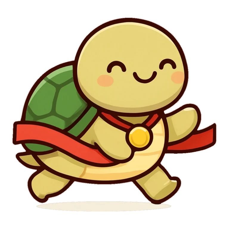 Cute tortoise clipart breaking through a finish line ribbon with a big smile