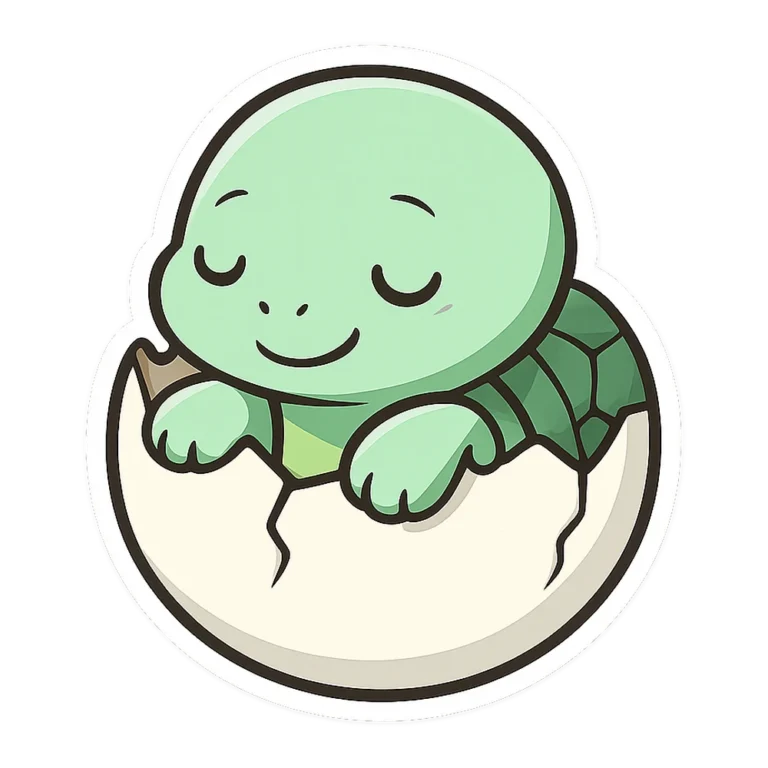 Baby turtle clipart sticker of a tiny turtle hatching from a cracked white egg
