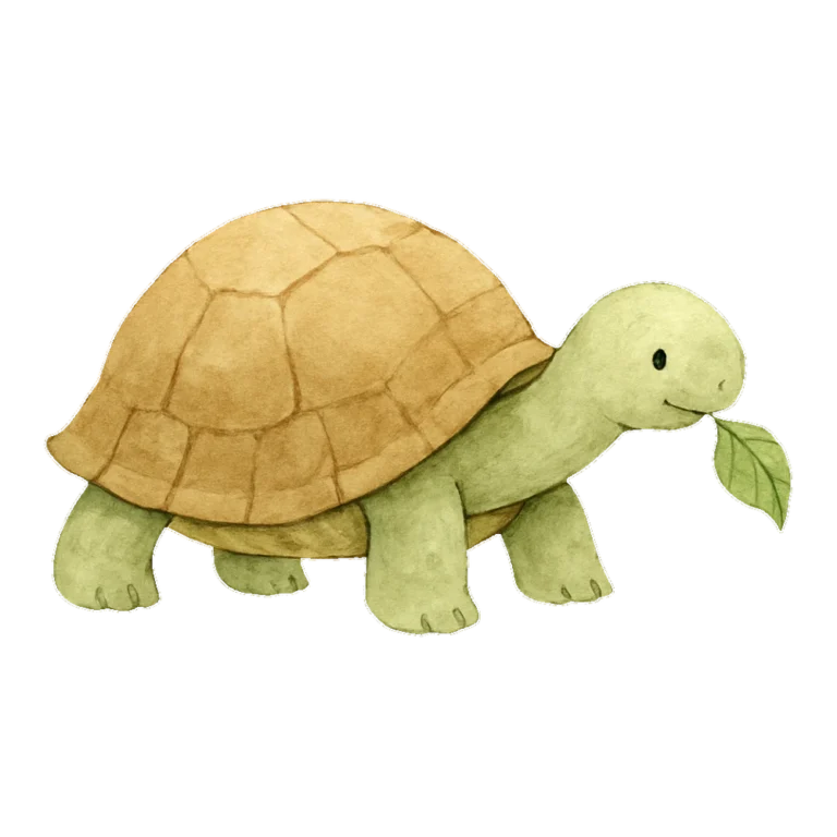 Watercolor tortoise clip art of a tortoise nibbling a green leaf