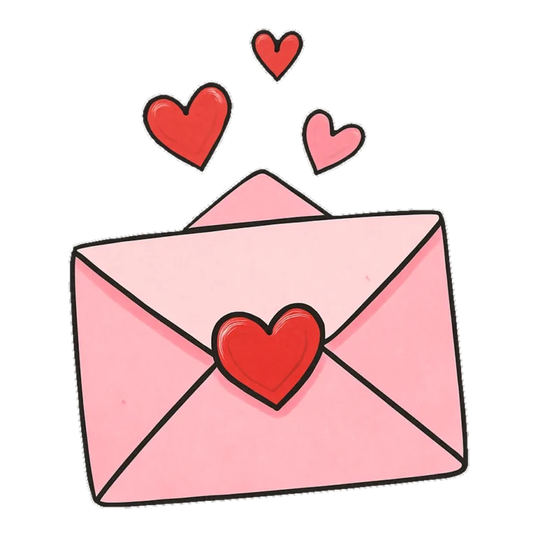 Valentine clipart doodle of a pink envelope with a red heart seal and floating hearts