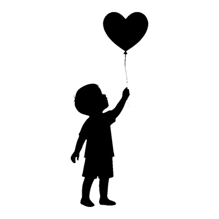 Valentine clip art silhouette of a child holding a heart balloon on a string