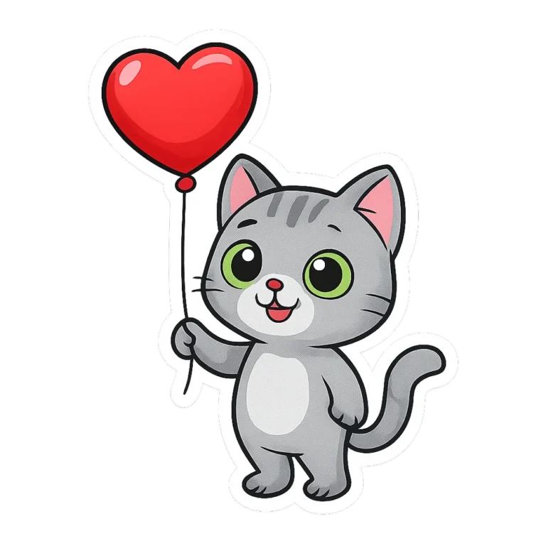 Cute valentine clipart sticker of a gray kitten holding a red heart balloon