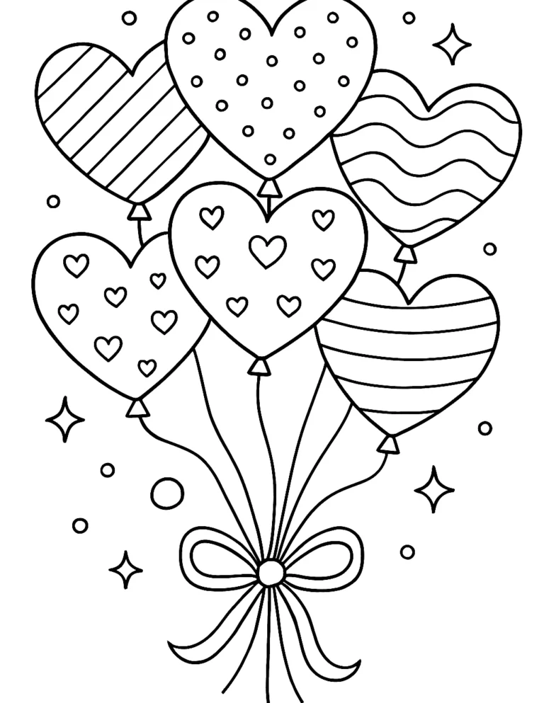 Hearts coloring page of a bunch of heart balloons tied with curly ribbon