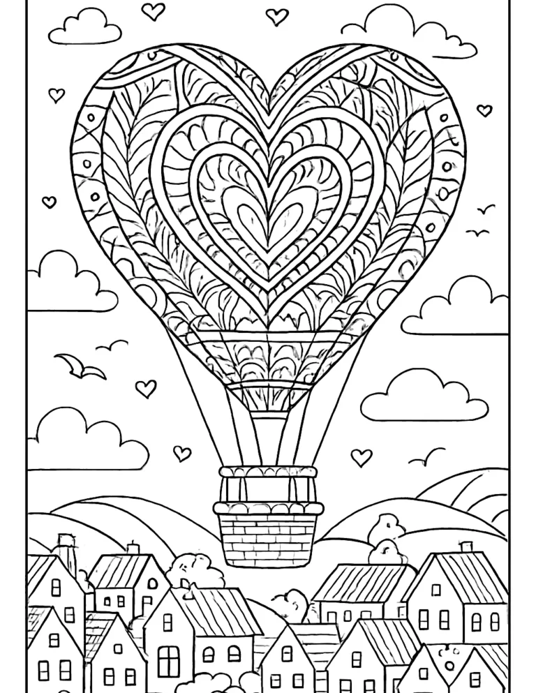 Love coloring page of a heart hot air balloon floating over a town
