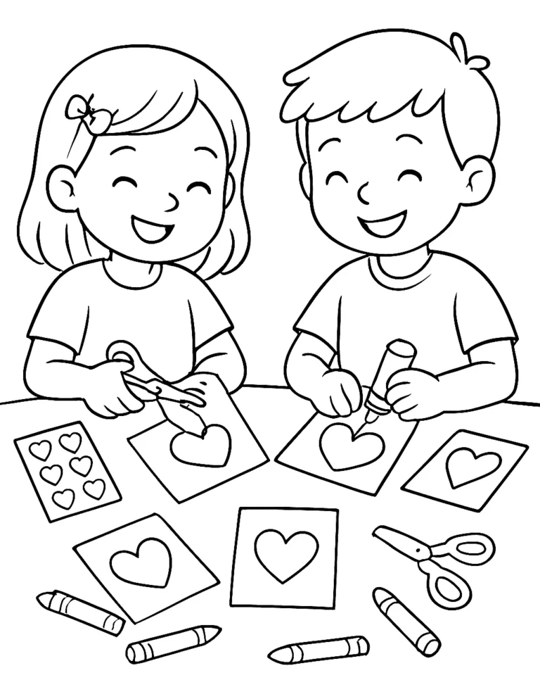 Valentines coloring page for kids of two friends making cards at a table