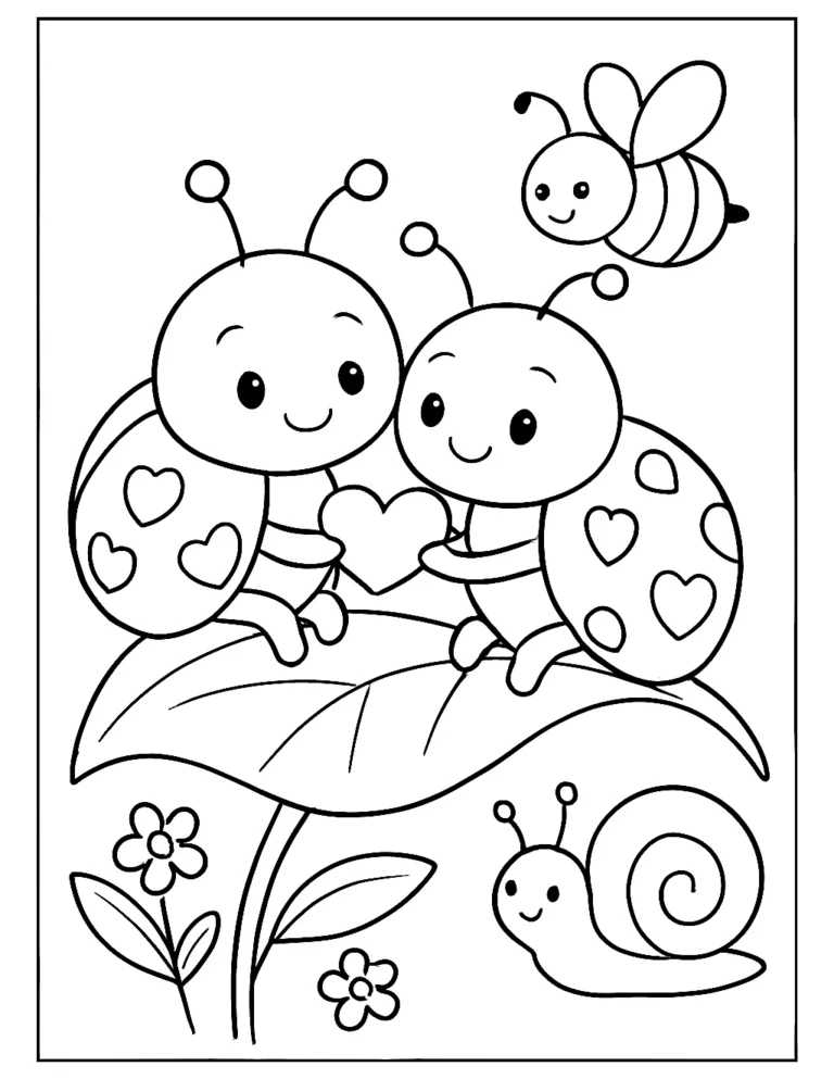 Love coloring page of two ladybug love bugs sharing a heart on a leaf