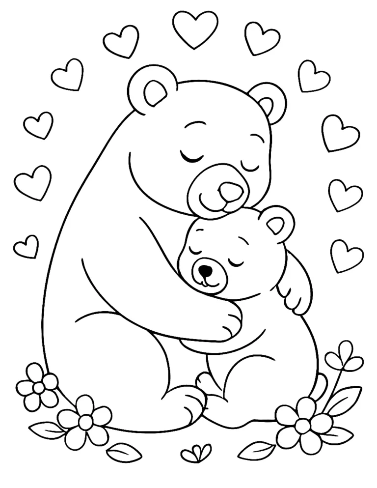I love you mom coloring page of a mother bear hugging her cub