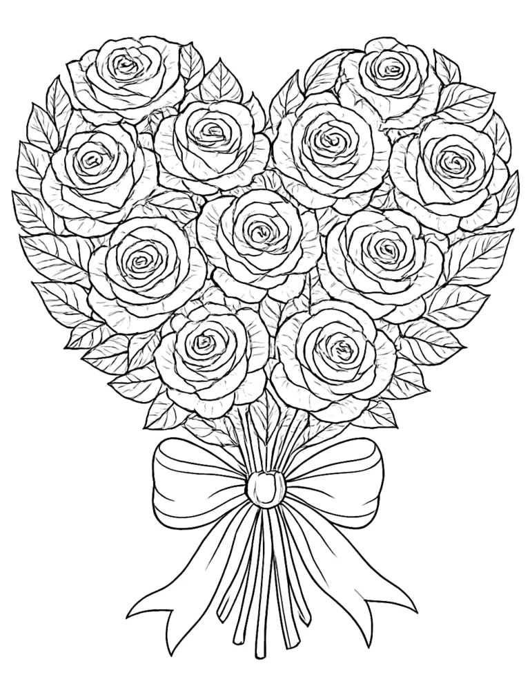 Valentines day coloring page for adults of a heart shaped bouquet of roses