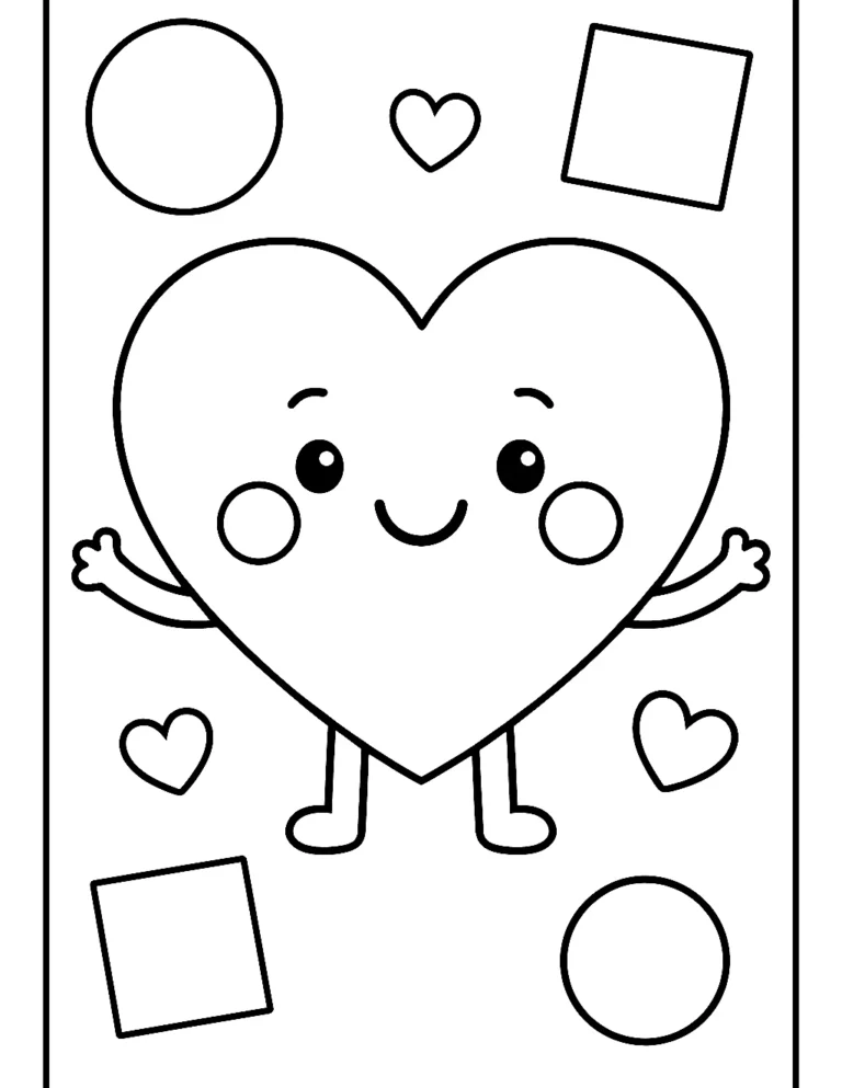 Easy heart coloring page of one big smiling heart with rosy cheeks
