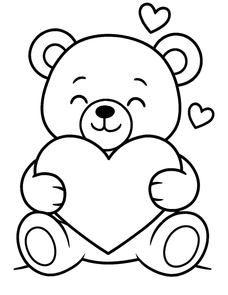 Cute valentine coloring page of a teddy bear hugging a heart pillow
