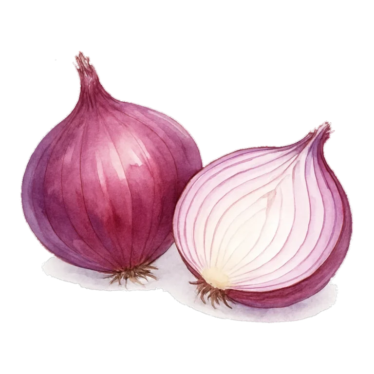 Onion clipart in watercolor of a red onion with papery skin and a cut half