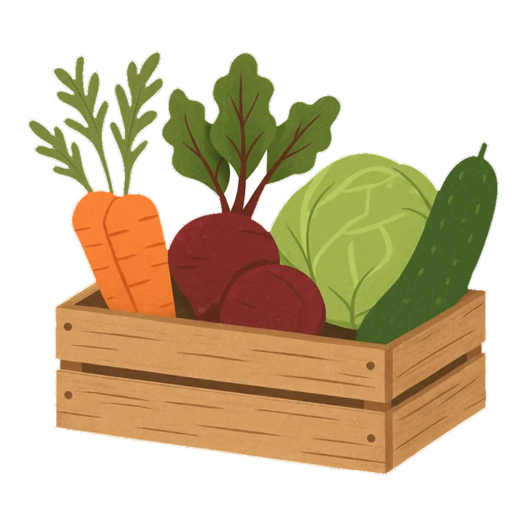 Garden vegetables clipart of a vintage wooden crate of carrots, beets and cabbage