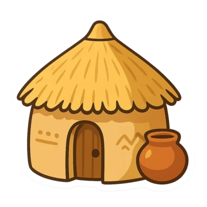 Village clipart sticker of a round mud hut with a thatched roof and a clay pot