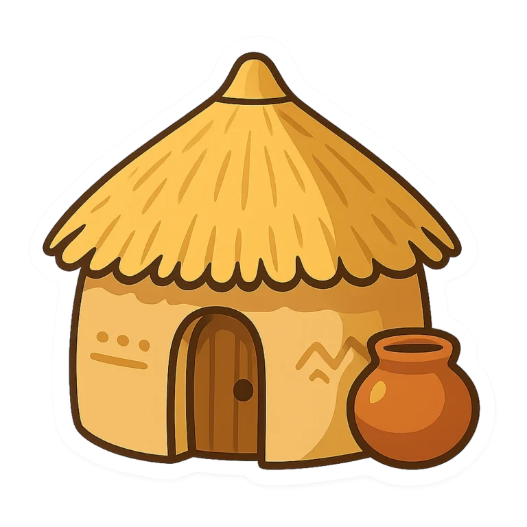 Village clipart sticker of a round mud hut with a thatched roof and a clay pot