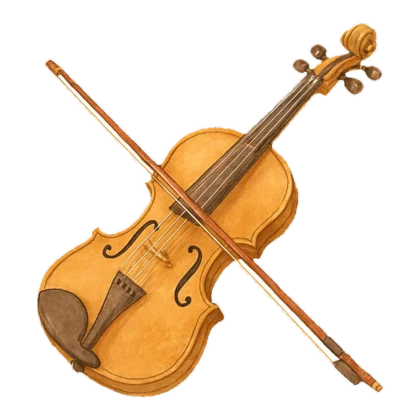 Watercolor violin clipart of a violin with its bow laid across it