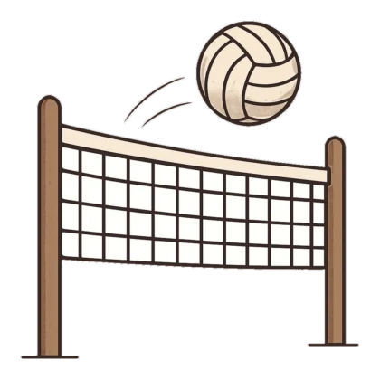 Retro volleyball net clipart with a ball sailing over the top of the net