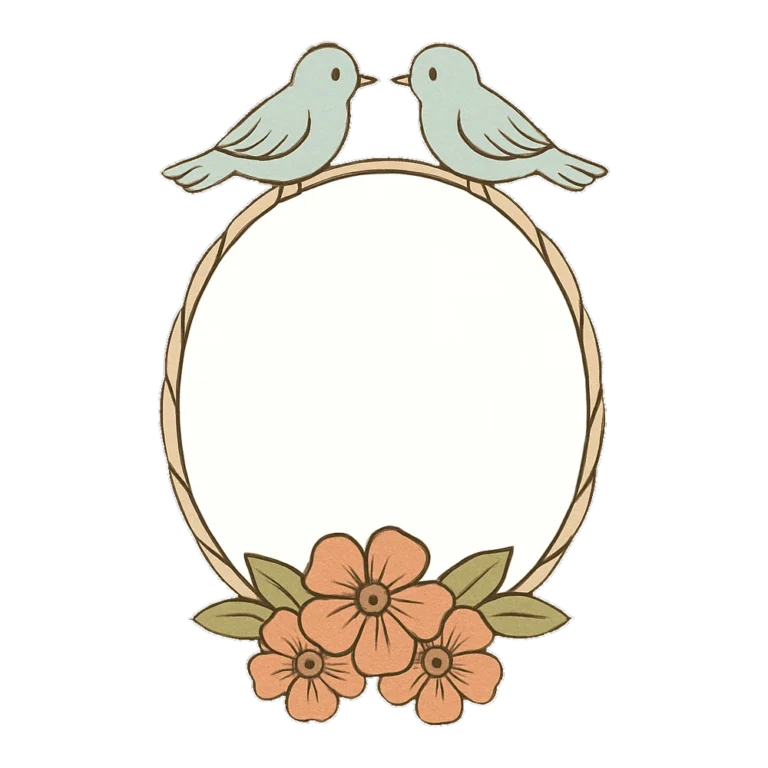 Vintage wedding border clipart of an oval frame with ribbons, lovebirds and small roses