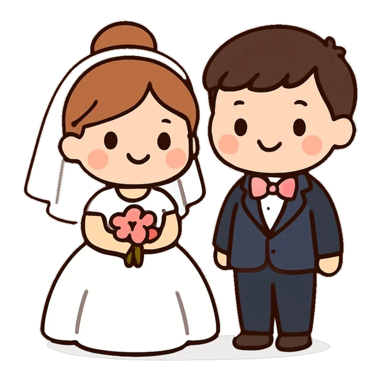 Cute bride and groom clipart of a cartoon couple smiling side by side