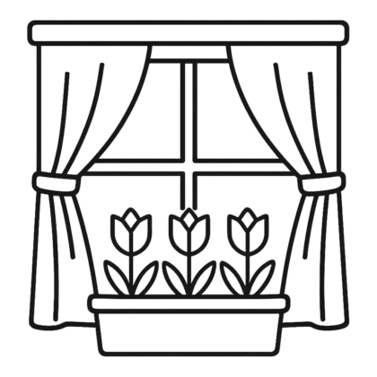 Window clipart black and white outline of a window with curtains and a flower box