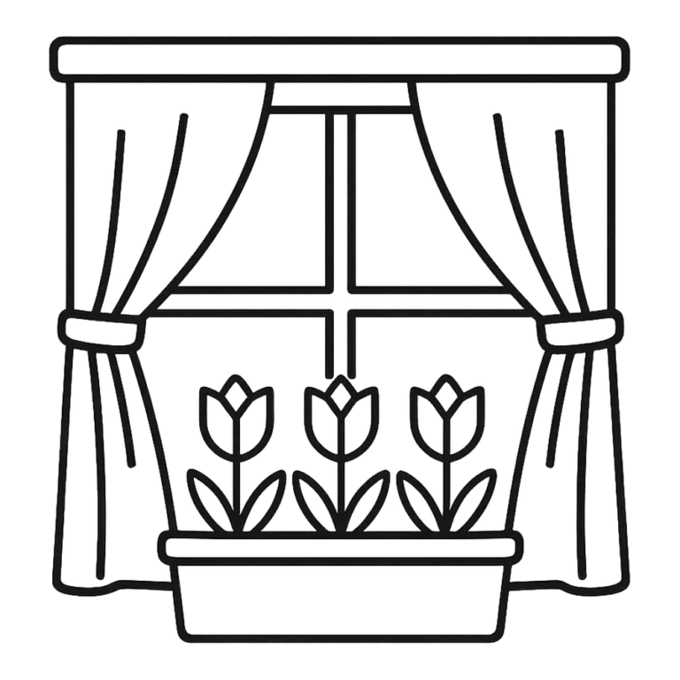 Window clipart black and white outline of a window with curtains and a flower box