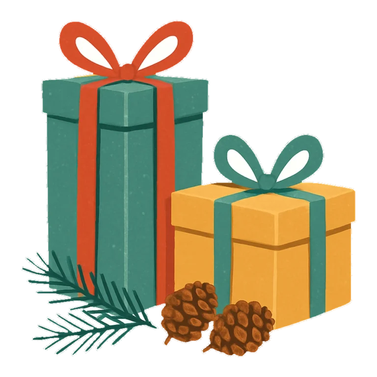 December clipart of two wrapped gift boxes with pinecones and a pine sprig