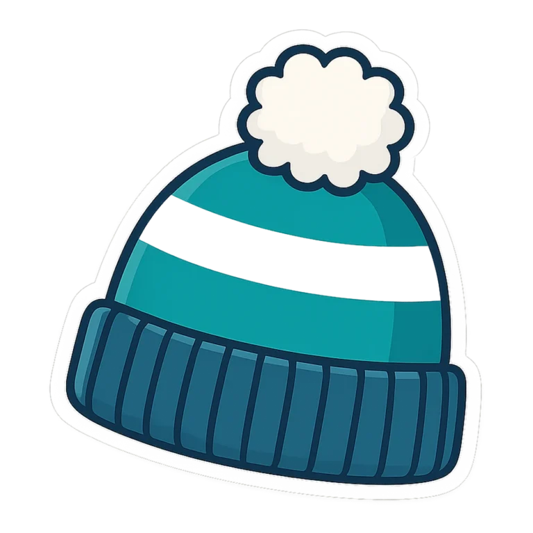Winter hat clipart sticker of a striped knit beanie with a big pom pom