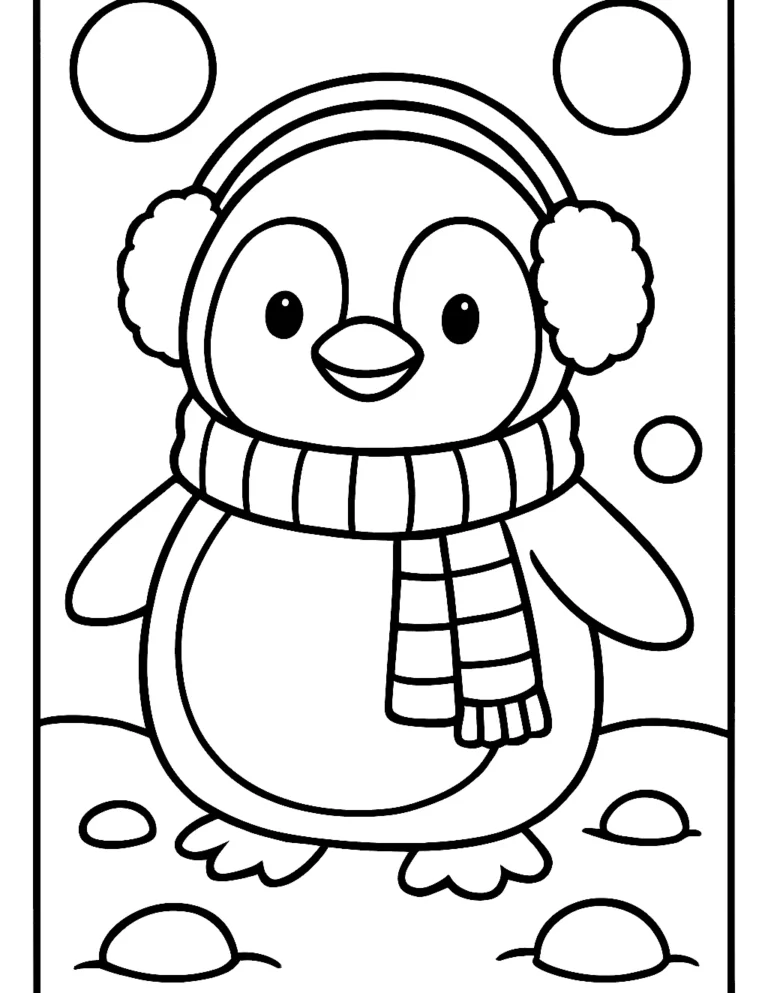 Cute penguin coloring page of a baby penguin in a knit scarf and earmuffs