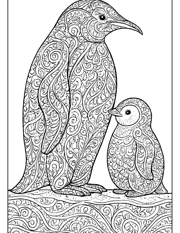 Winter coloring page for adults of an emperor penguin filled with swirl and dot patterns