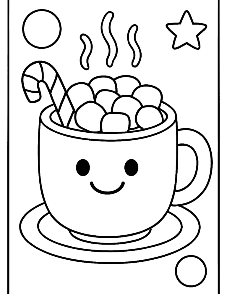 Easy January coloring page of a hot cocoa mug piled with marshmallows