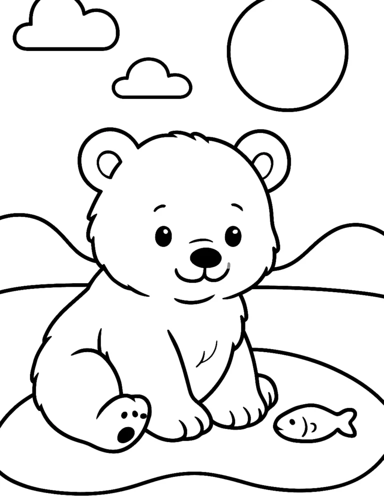 Simple winter coloring page of a polar bear cub sitting on a snowbank