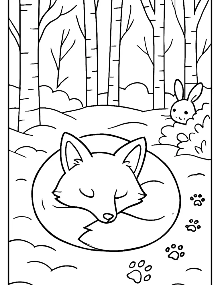 Winter animals coloring page of a red fox curled up asleep in the snow