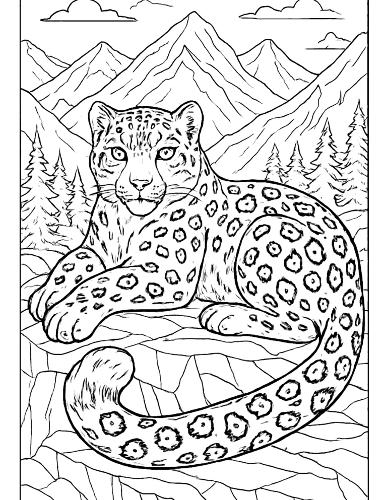 Snow leopard coloring page of a big cat resting on a rocky mountain ledge