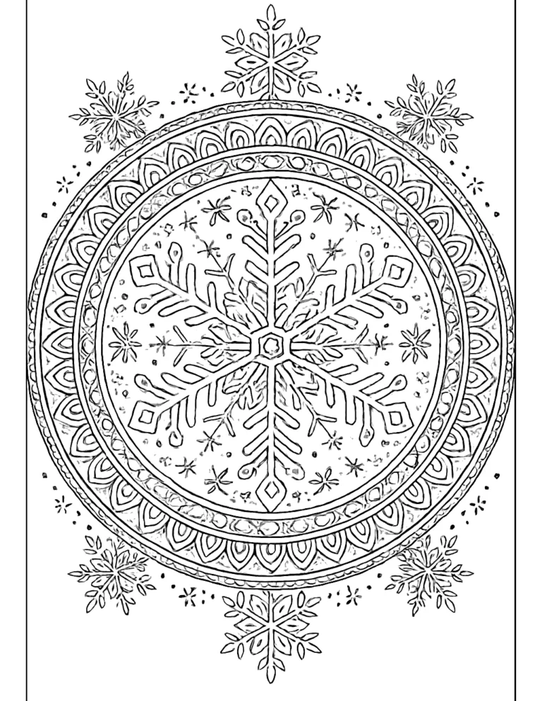 Snowflake mandala coloring page with lacy patterns for teens and adults